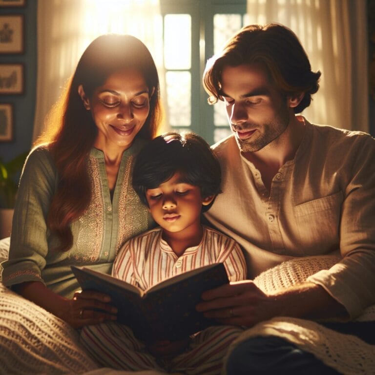 Parents and child enjoying a bedtime story together before sleep in a cozy warmly lit bedroom demonstrating a healthy nighttime routine