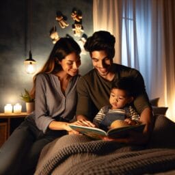 Parents reading a bedtime story to their child in a cozy dimly lit room promoting a calm and restful sleep environment