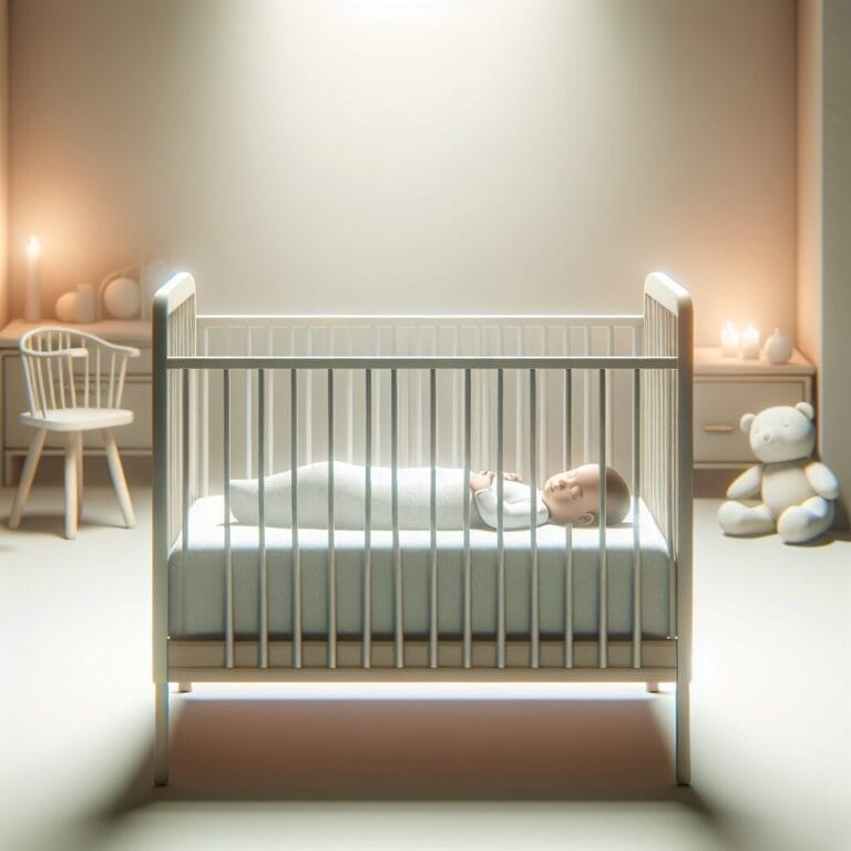 Peaceful baby sleeping in a minimalist safe crib with a firm mattress in a serene nursery room with soft lighting and no toys or pillows around symbolizing a secure sleep environment