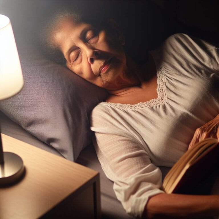 Peaceful senior sleeping soundly in a dark bedroom with a book on the nightstand and a soft night light in the background symbolizing good sleep hygiene and avoidance of screens before bedtime