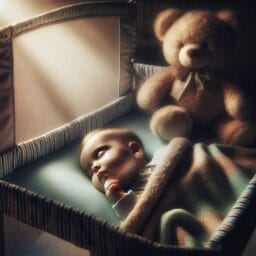 Peaceful sleeping baby in a portable crib with a teddy bear and a soft blanket in a dimly lit room suggesting a calm sleep environment