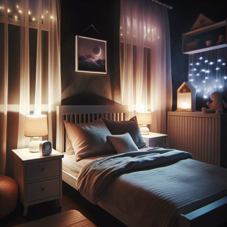 Peaceful toddlers bedroom at night with soft cotton bedding dimmable LED lights blackout curtains and a white noise machine in the background