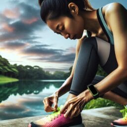Person lacing up running shoes preparing for a cardio workout with a fitness tracker on their wrist against a backdrop of a scenic running path