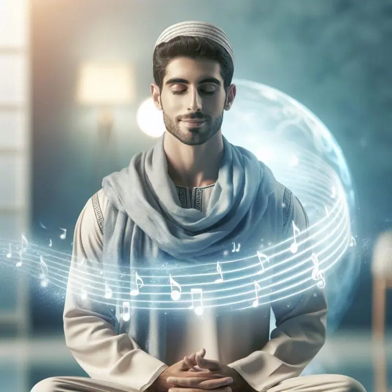 Personmeditatingpeacefullywithagentlesmilesurroundedbysoftlightandetherealmusicalnotessymbolizingtheharmonybetweenmindfulnessandchronicpainmanagement