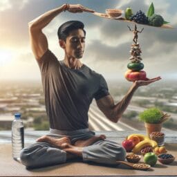 Personpracticingyogabalanceposeinaserenesettingwithawaterbottleandhealthysnackslikefruitsandnutsvisibleinthebackgroundillustratingaholisticapproachtomaintainingequilibriumindailylife