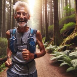 Portrait of a smiling elderly trail runner with running gear on a forest trail exuding vitality and joy