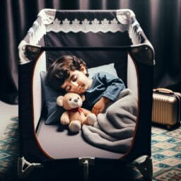 Preschooler peacefully sleeping with favorite stuffed animal in a portable bed with blackout curtains in the background symbolizing familiar bedtime routine while traveling