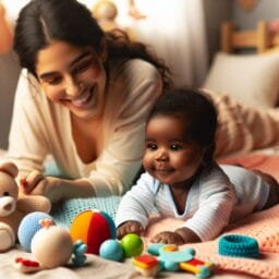 Prompt for a wholesome illustration of a smiling infant engaging in tummy time with colorful toys under the watchful eye of a loving parent