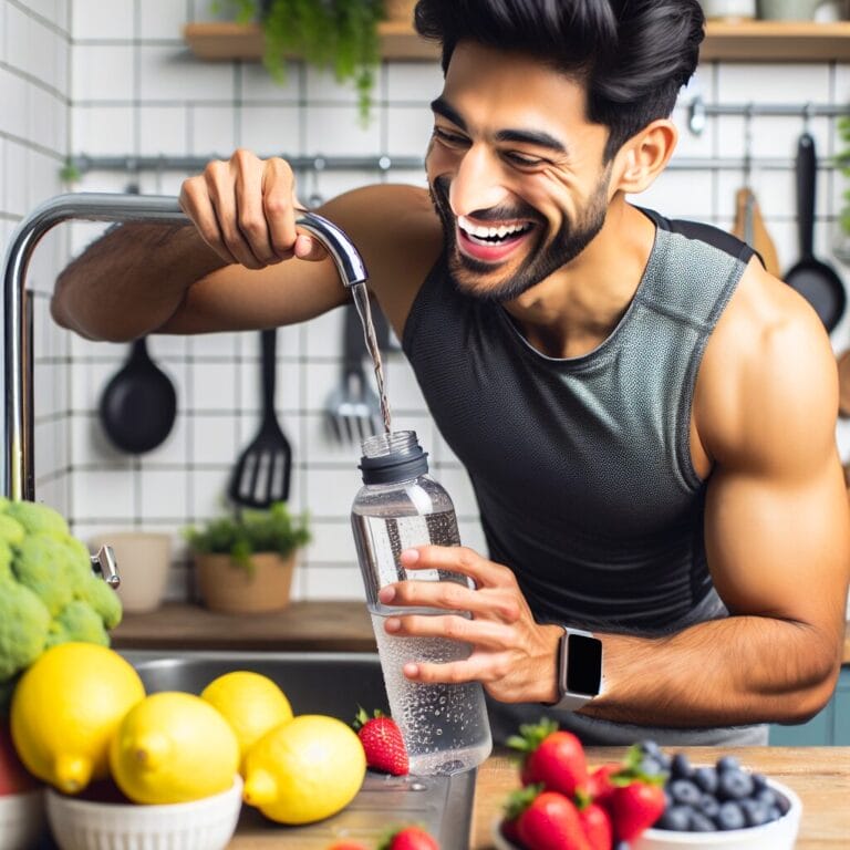 PromptIllustrateapersoncheerfullyfillingupareusablewaterbottlefromatapsurroundedbyfruitslikelemonandberrieswhilewearingworkoutattireemphasizingthethemeofhealthylivingandhydration