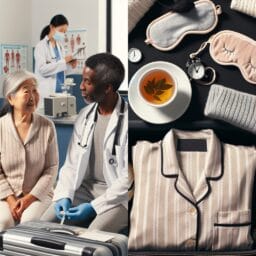 Senior couple receiving a medical checkup before their travel a sleep mask a cup of herbal tea and soft pajamas laid out on a suitcase