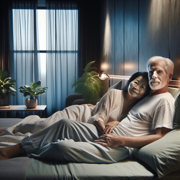 Senior couple sleeping peacefully in a quiet cozy urban bedroom with blackout curtains and comfortable bedding surrounded by indoor plants and soft ambient lighting
