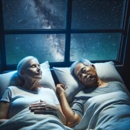 Senior couple sleeping peacefully in bed with clear night sky and stars visible through the window symbolizing improved sleep quality after quitting smoking