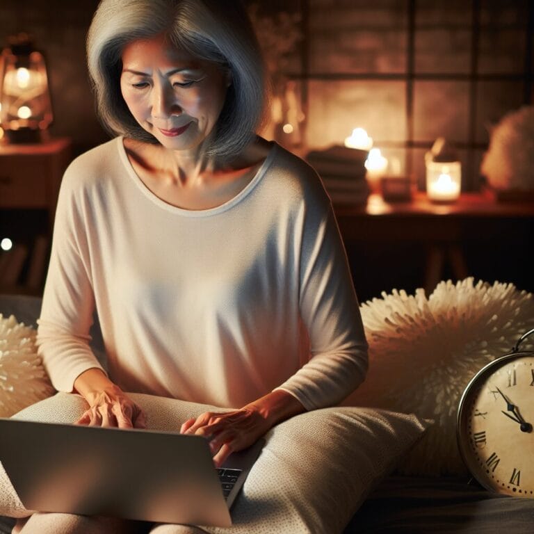 Senior person working on a laptop at home with a cozy environment showing a clock indicating sleep time and pillows that suggest comfort and support for the neck and back
