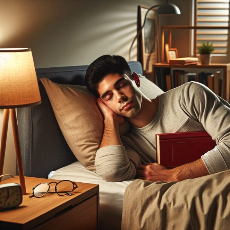 Senior student peacefully sleeping in a wellorganized calming bedroom environment with a book and glasses on the nightstand