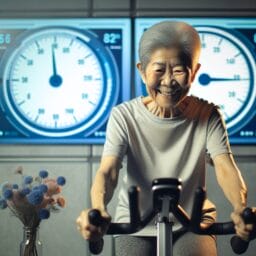 Senior woman on a stationary bike smiling as she engages in highintensity interval training with clocks indicating fast and slow intervals in the background