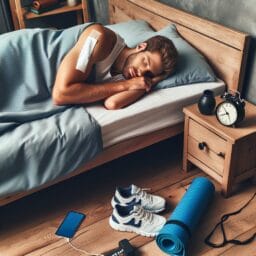 Shift worker peacefully sleeping after a workout with a pair of sneakers and a yoga mat visible while their phone is turned off and blue light filtering glasses rest on the nightstand