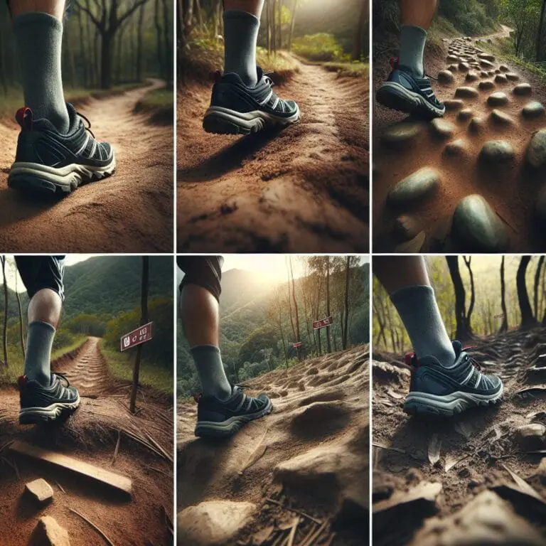 Trail running shoes on a variety of terrain from smooth groomed paths and forest trails to rocky and steep mountain tracks with trail markers visible