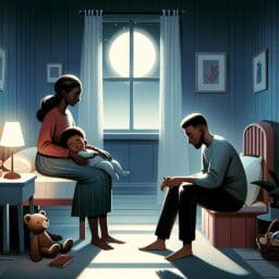 Two parents taking turns to comfort a restless child in a nighttime bedroom setting with peaceful colors and a soothing atmosphere