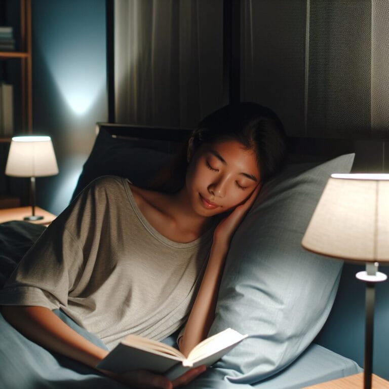 Young adult resting peacefully in a cool dark bedroom practicing a relaxing bedtime routine such as reading a book by soft light