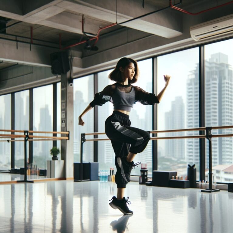a dancer performing an interval training routine with alternating highenergy dance moves and slower paced movements against the backdrop of a dance studio