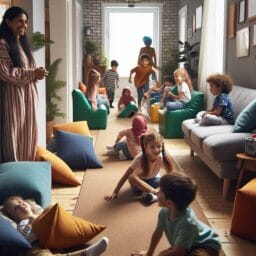 a group of children playing an indoor obstacle course with sofa cushions and a hallway racetrack while a parent stands by with a first aid kit