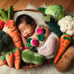 a peaceful newborn baby sleeping soundly surrounded by an assortment of plush vegetables