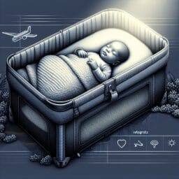 a serene newborn baby sleeping peacefully in a portable travel crib with soft blankets and a gentle light shining symbolizing a consistent sleep environment while traveling