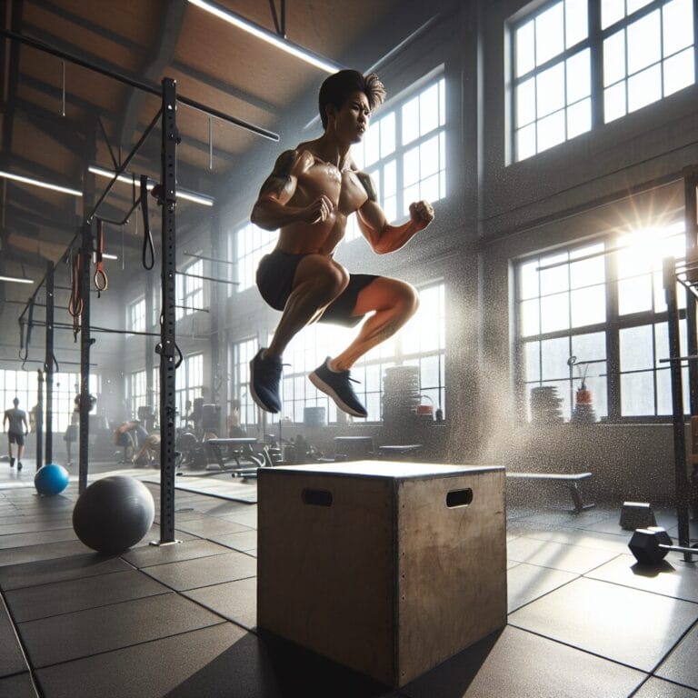 an athlete doing plyometric box jumps with intensity in a welllit gym environment showcasing the dynamic energy of a HIIT workout