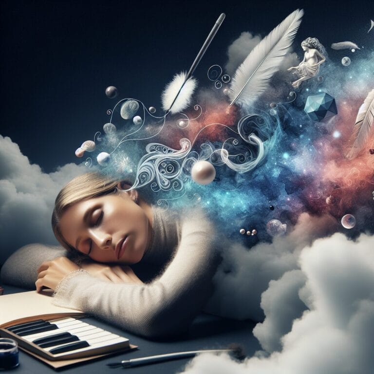 artist in a peaceful sleep surrounded by dreamy clouds and whimsical representations of creative ideas floating above