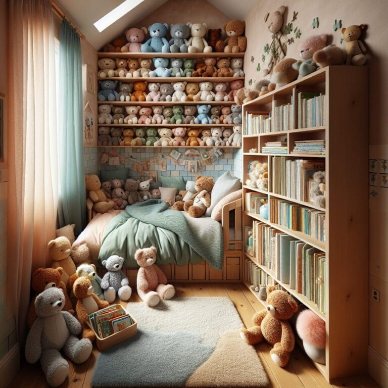 cozy toddler bedroom with a comfortable bed soothing colors plush toys and a bookshelf filled with childrens books no digital devices in sight