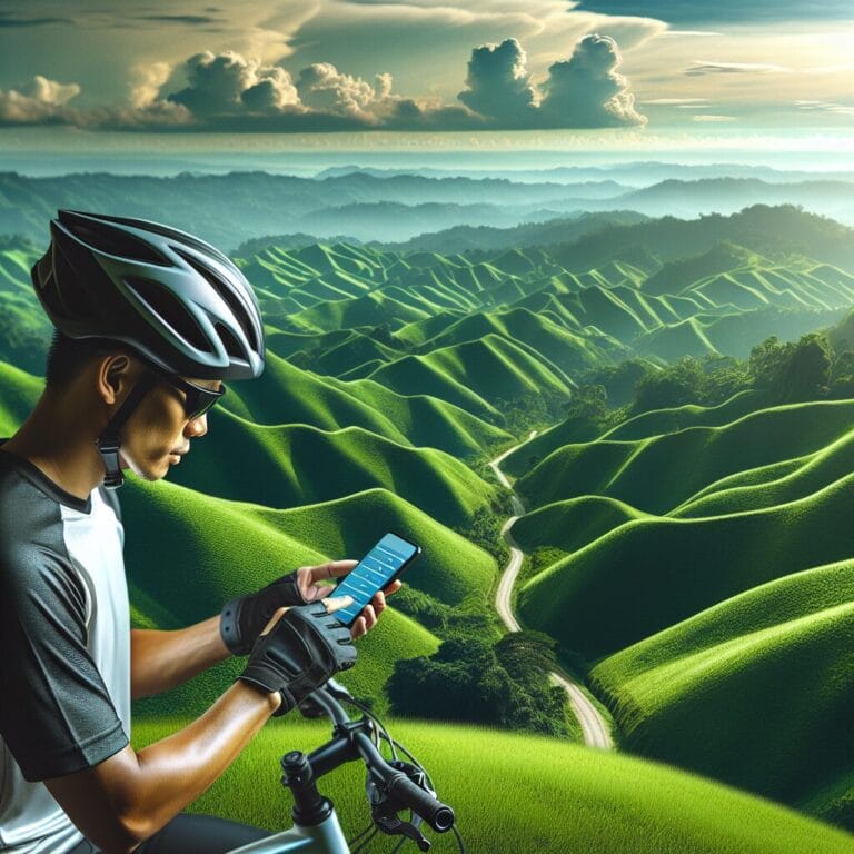 cyclist planning a route on a smartphone with a scenic backdrop including clear skies and rolling hills