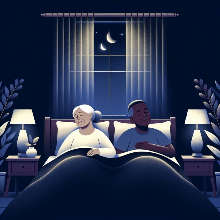 elderly couple sleeping peacefully in a calm and dark bedroom environment