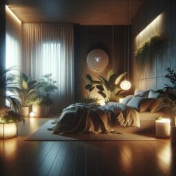 peaceful bedroom setting with dim lighting and relaxing elements like plants and a comfortable bed with a visible thermostat set between 6067 degrees Fahrenheit