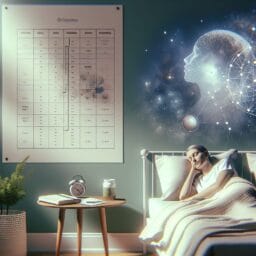 peaceful bedroom with a sleep schedule chart on the wall a diary on the bedside table and a person sleeping soundly in bed embodying tranquility and healthy sleep habits