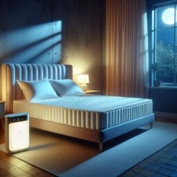 peaceful bedroom with dim lighting clutterfree space white noise machine and memory foam mattress with cooling bamboo sheets