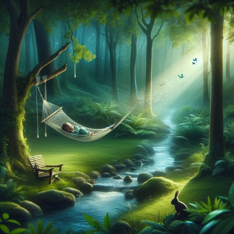 peaceful outdoor sleep environment for a baby with a gently swaying hammock a soft stream and chirping crickets in a quiet nature setting