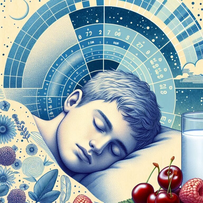 peaceful young adult sleeping showing the different stages of sleep including REM and nonREM with a background of a circadian rhythm graph and foods like cherries and milk nearby