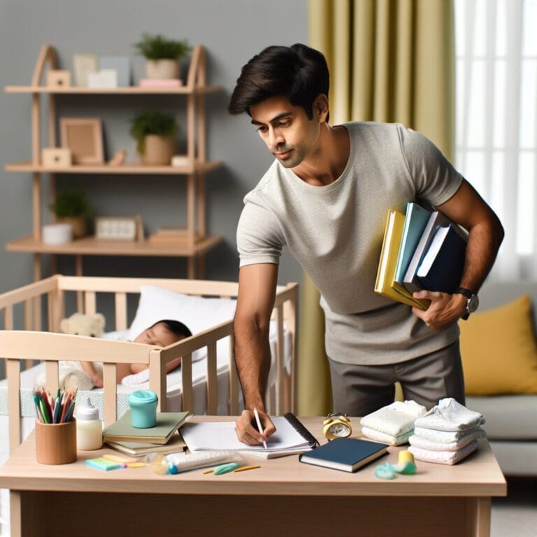 student parent organizing study materials and infant care items on a desk while a baby sleeps peacefully in a crib nearby