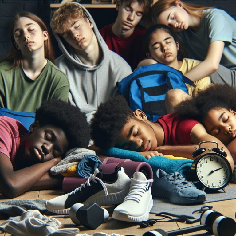 teenagers sleeping peacefully after exercising with alarm clock showing early morning hours and workout gear in the background