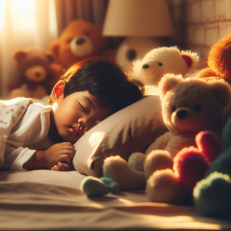 toddler peacefully sleeping in a cozy bed with soft lighting and stuffed animals highlighting a serene bedtime environment