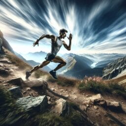 trail runner sprinting uphill with a scenic mountain view in the background showcasing dynamic speed work and interval training on rugged terrain