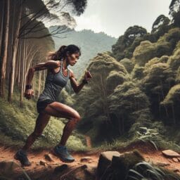 trail runner training on a mountainous forest trail with varied elevation demonstrating balance and intensity in their workout