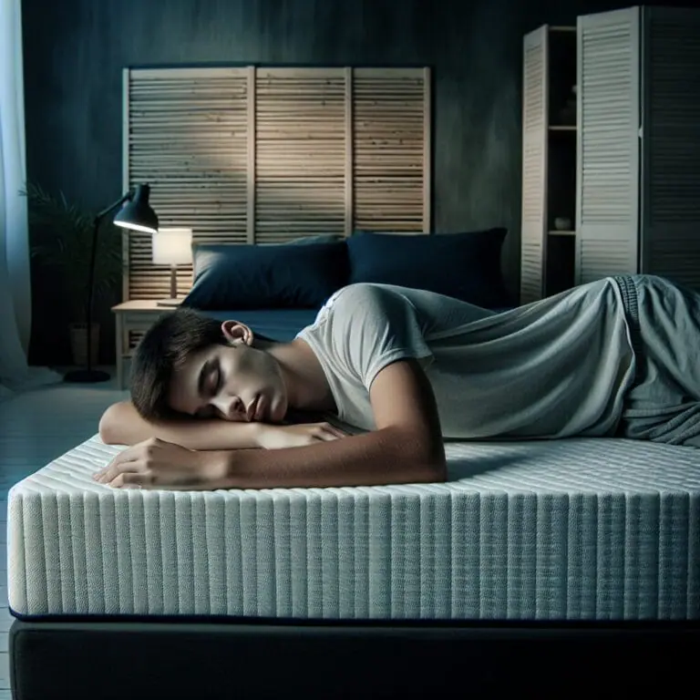 young adult sleeping peacefully in a wellorganized cool bedroom with a memory foam mattress and bamboo bedding with a dark and quiet ambiance promoting restful sleep